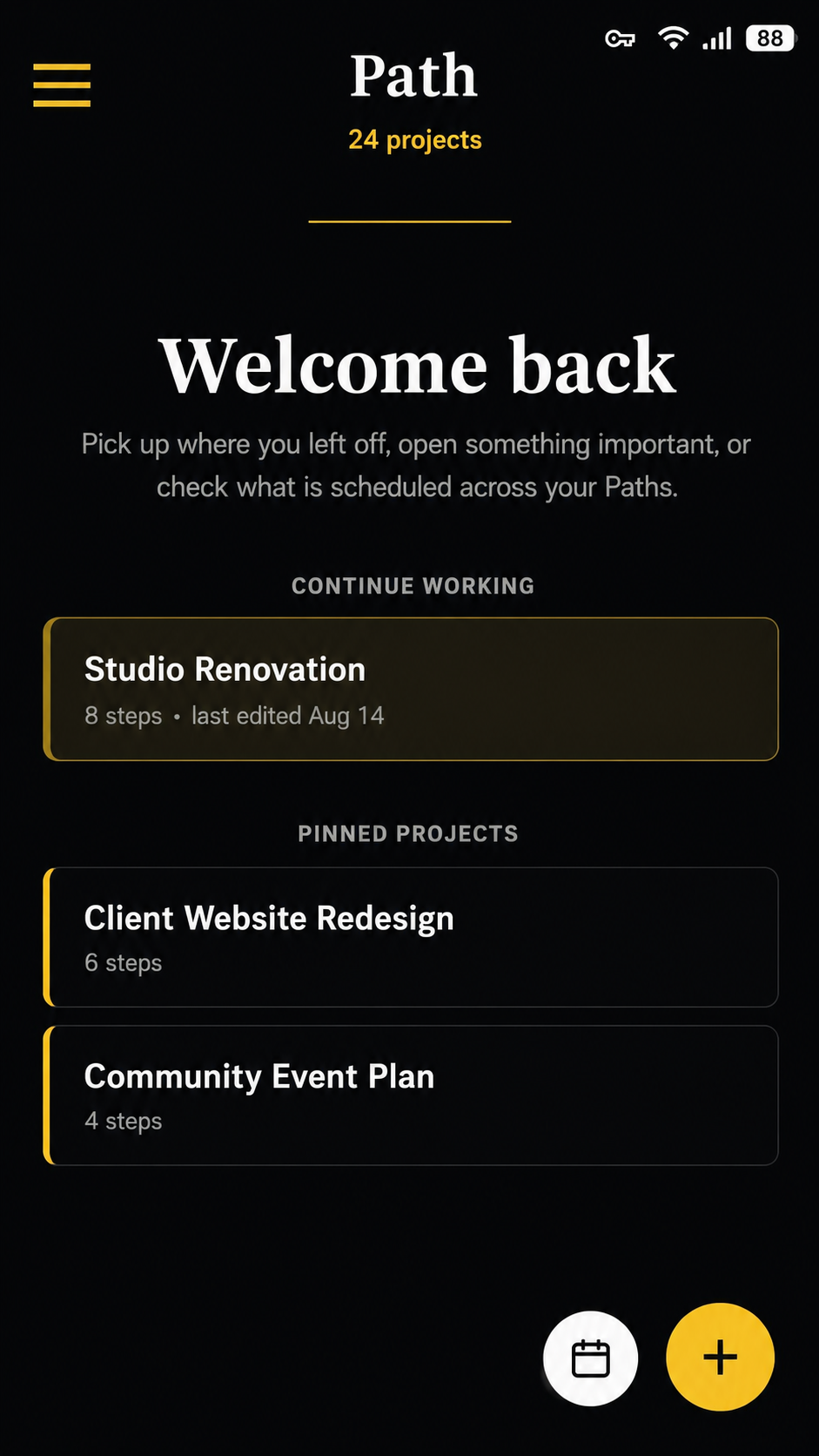 Path Home showing Continue Working and pinned projects