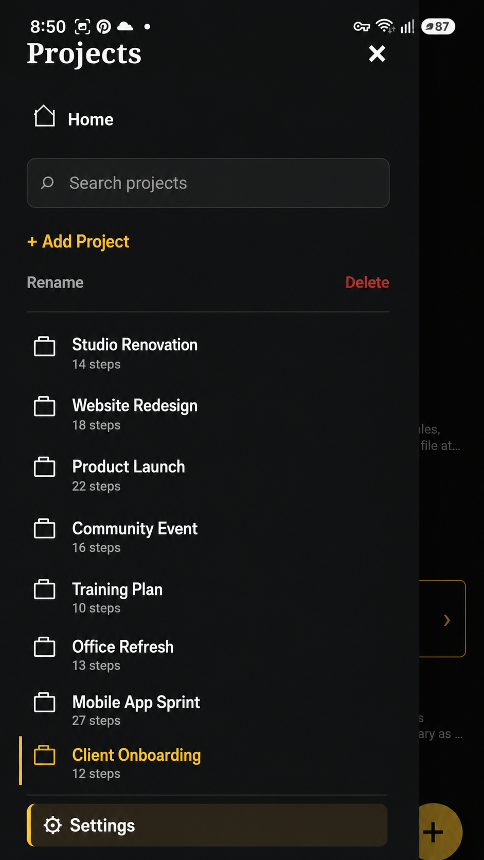 Path project drawer with searchable project list