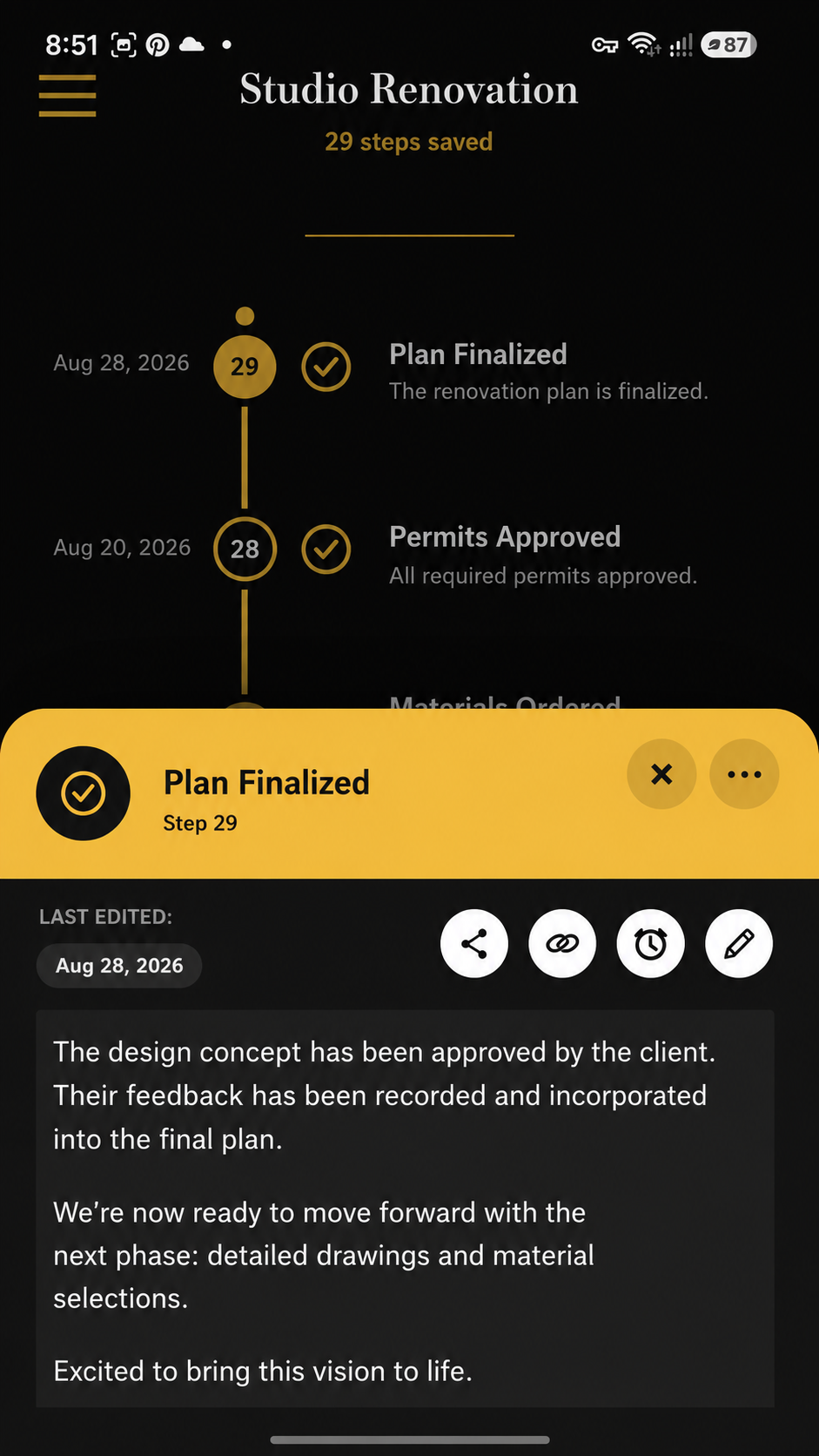 Path step card showing a project milestone and detailed notes