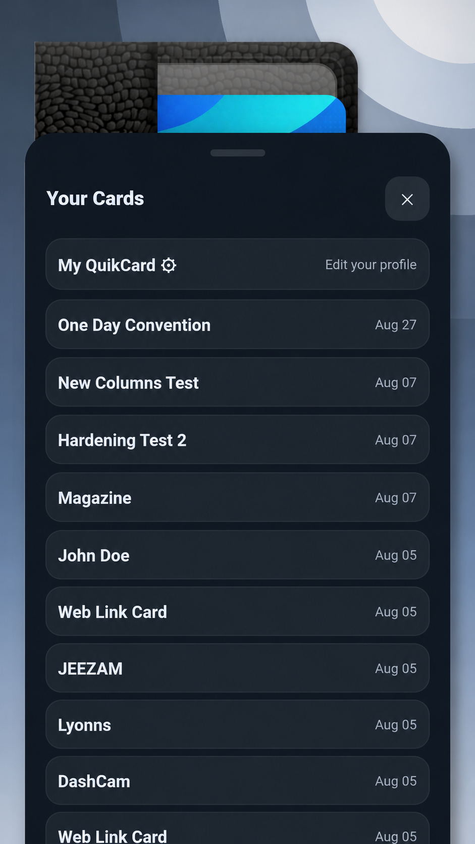 QuikCard quick list showing saved cards