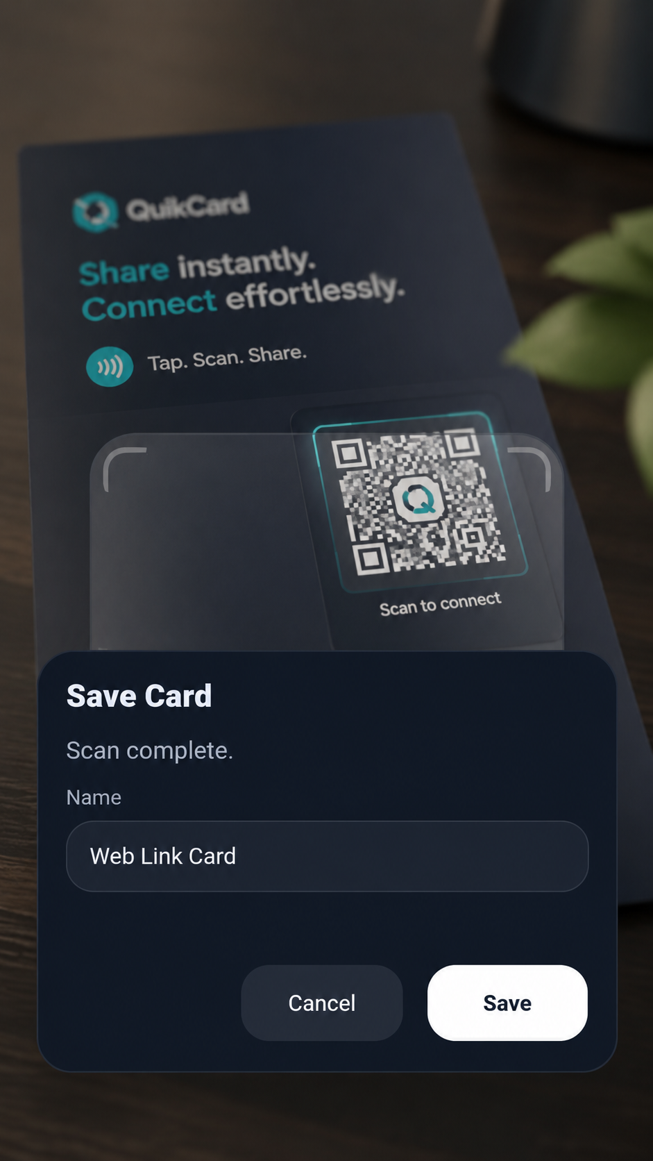 QuikCard Save Card screen after a completed QR scan