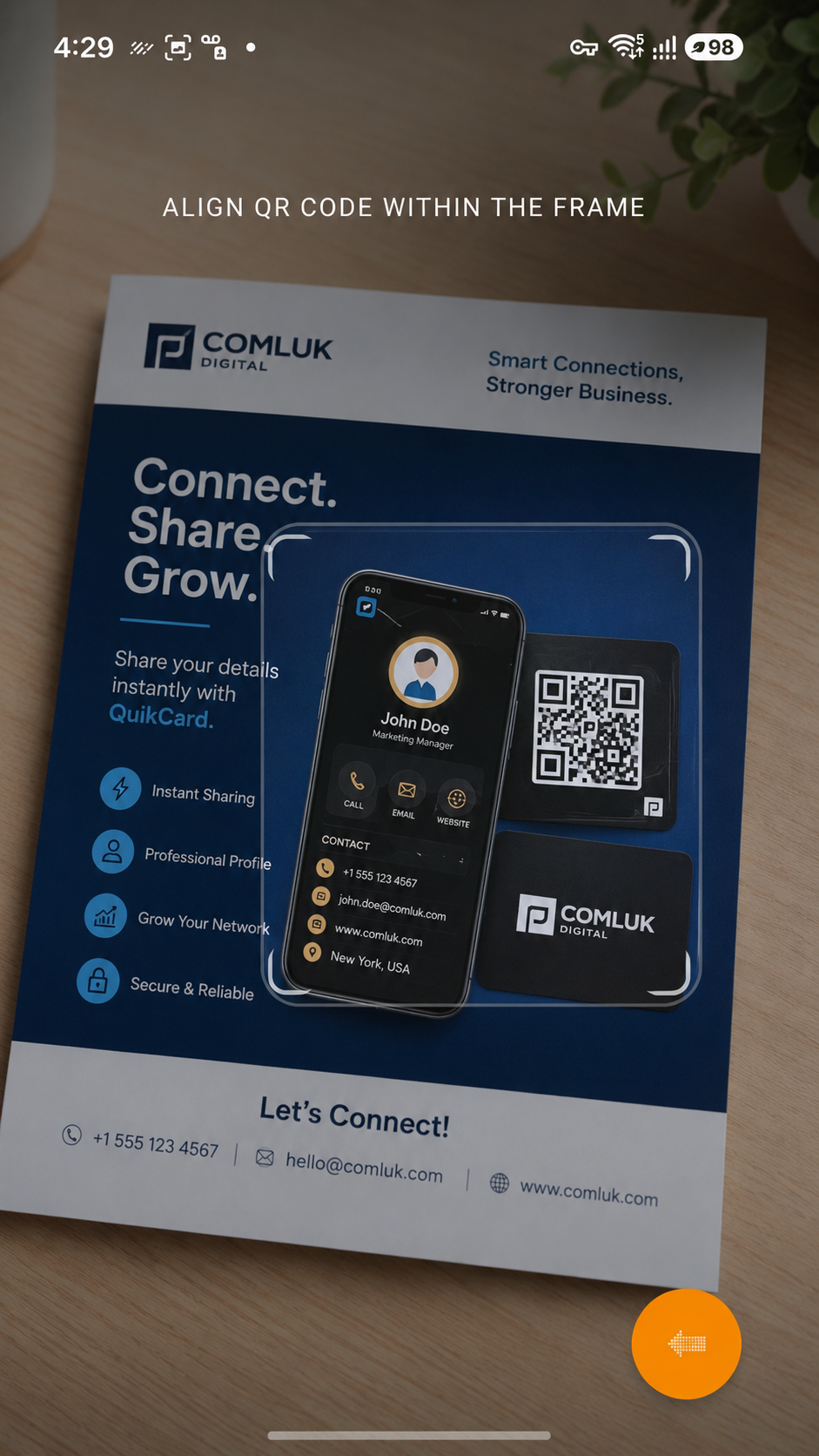 QuikCard scanner aligned with a QR code