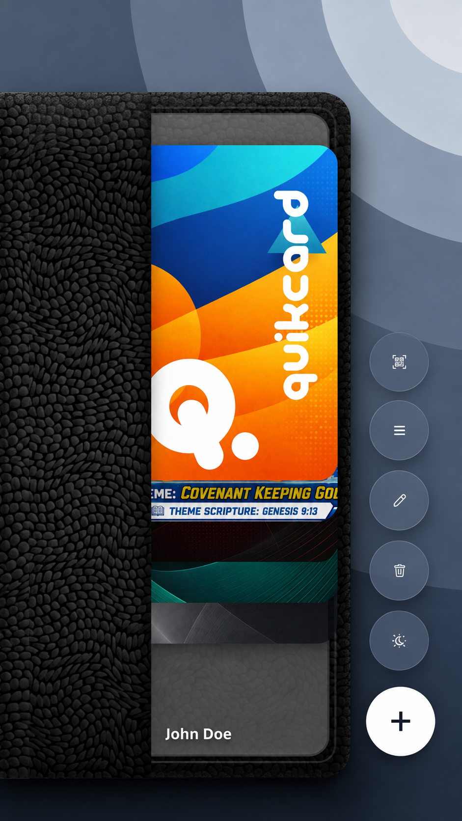 QuikCard wallet showing saved QR codes displayed as cards